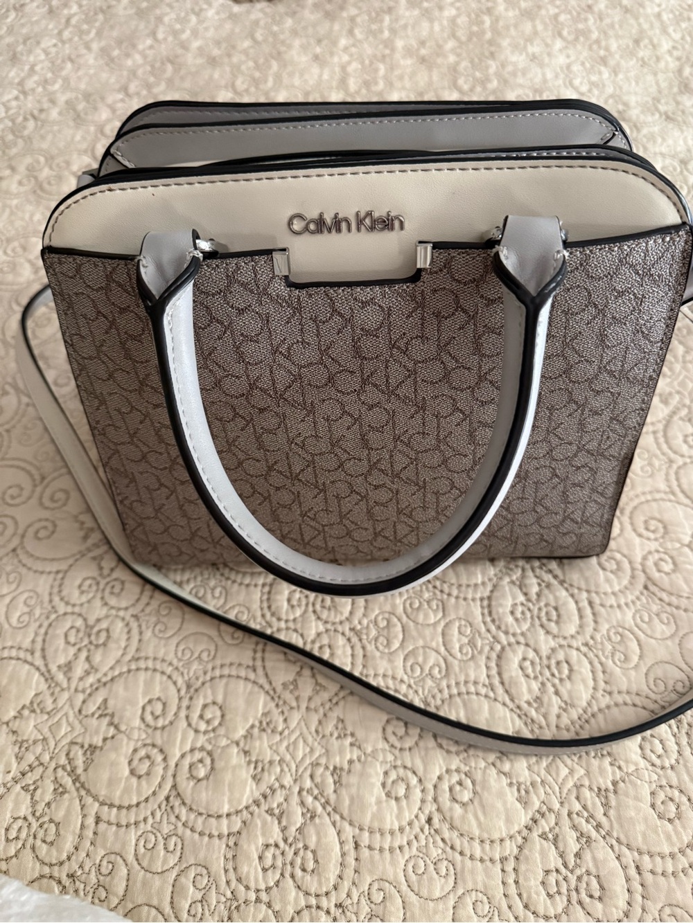 NWOT Calvin Klein Brown Monogram Top-Handle Satchel with Cream Trim